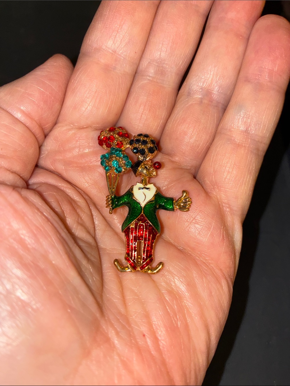 Vintage-Inspired Clown Brooch Pin in Red and Green